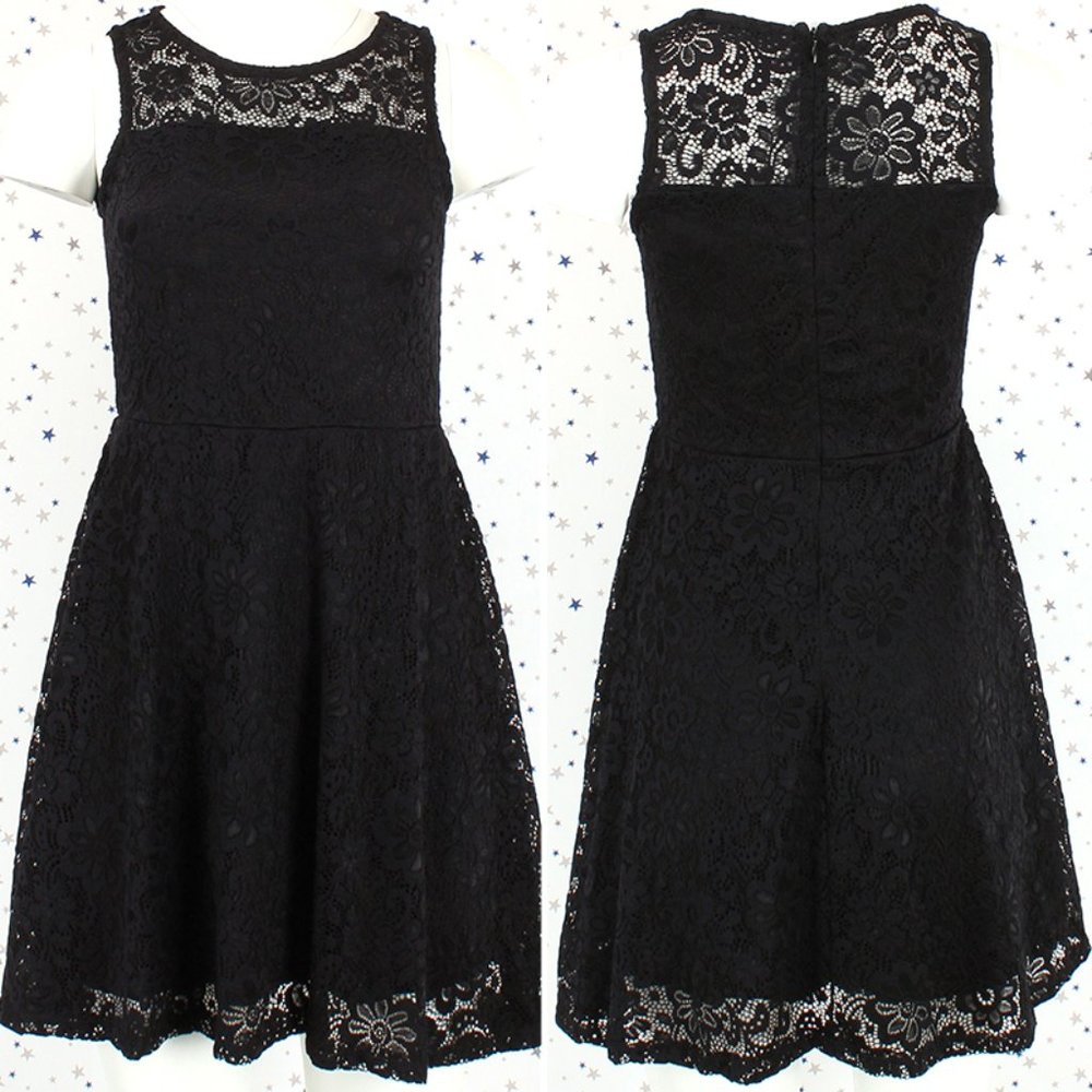 Floral Lace Fit and Flare Dress Black